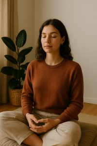 Woman journaling in a cozy corner, reflecting on her emotions